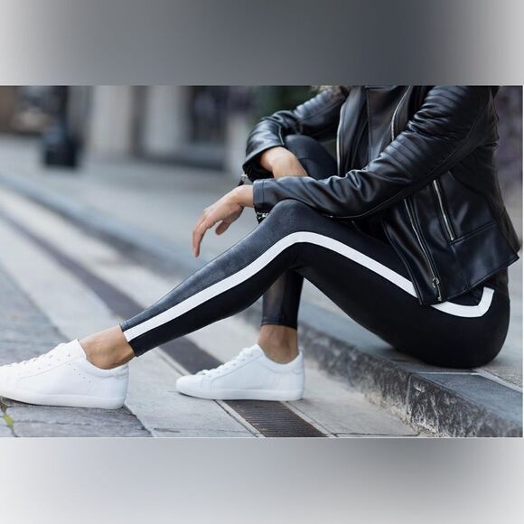 SPANX Side Stripe Tummy Control High Waist Faux Leather Leggings - Picture 2 of 7